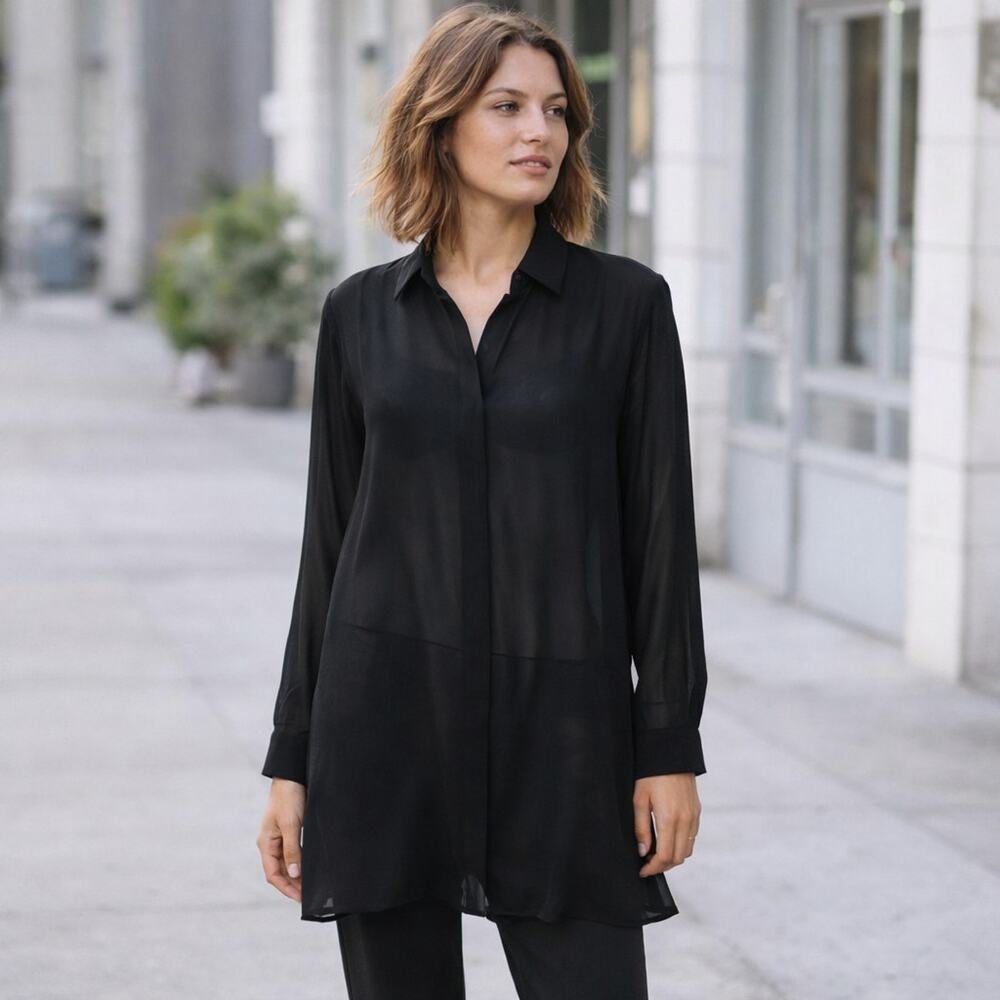 Eileen Fisher $298 Long Shirt Sheer Silk Classic collar in black sz M
